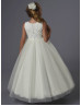 Beaded Ivory Satin Tulle Ankle Length Flower Girl Dress Communion Dress